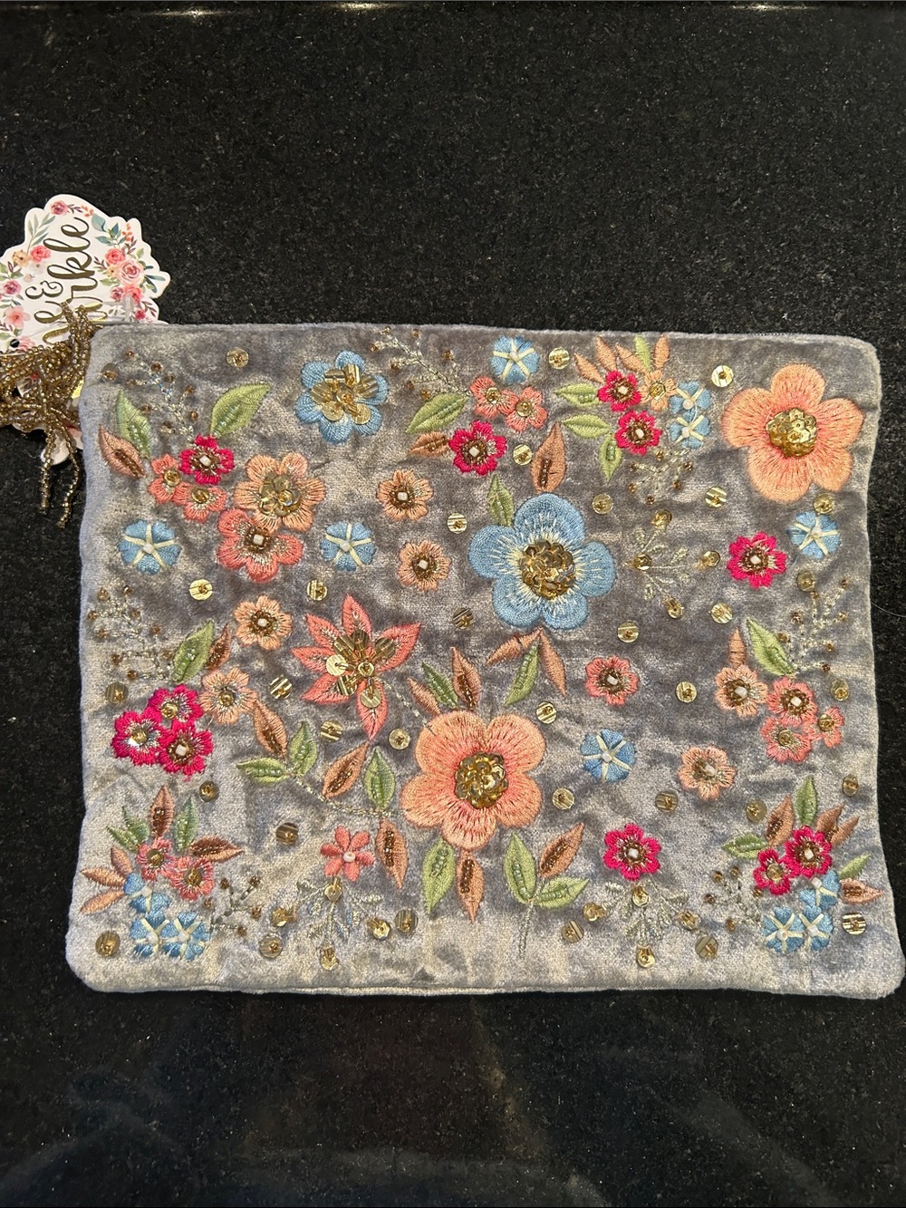 Embroidered Floral Velvet Clutch — Gray with Multicolor Flowers